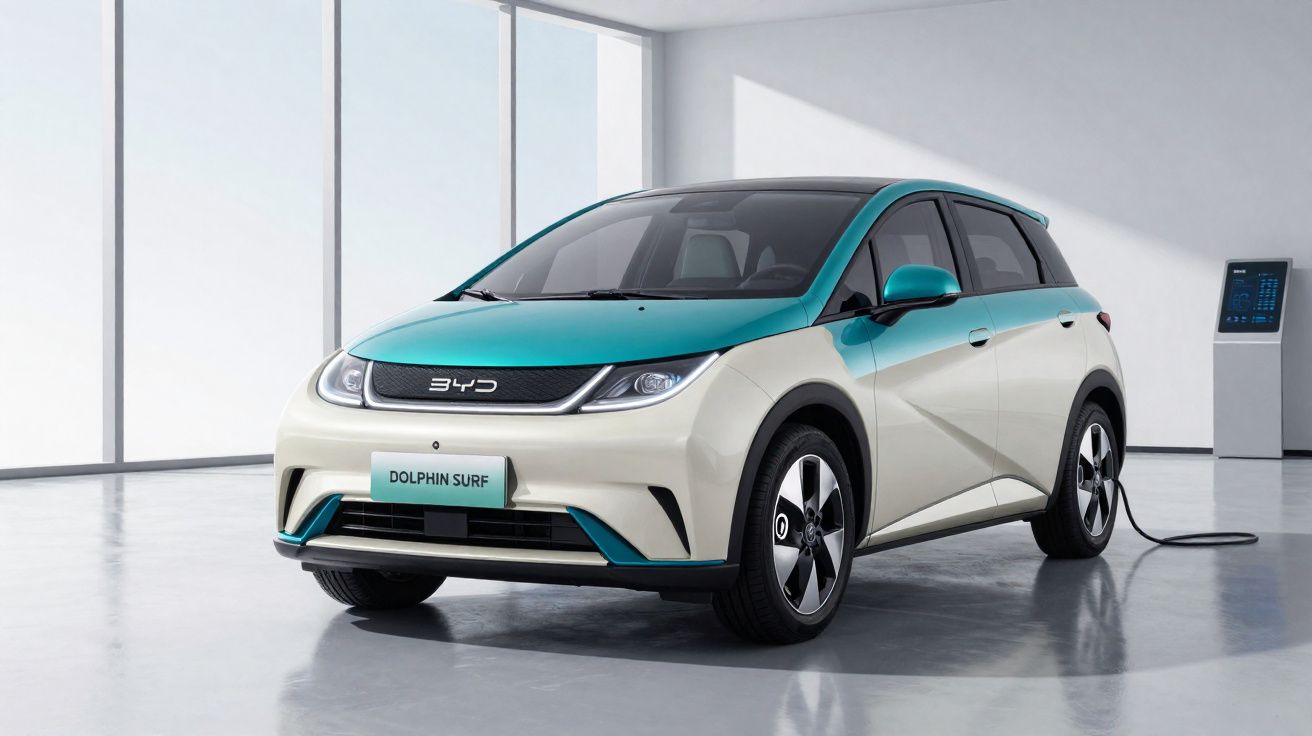 Voiture électrique BYD Dolphin Surf blanc et turquoise en charge dans un showroom lumineux.