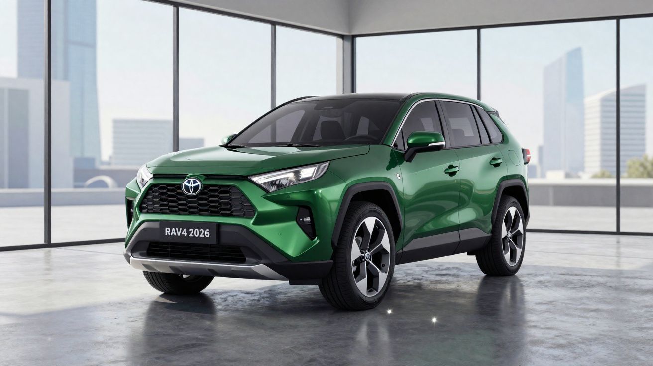 Toyota RAV4 vert foncé modèle 2026 exposé dans un showroom lumineux avec grandes baies vitrées.