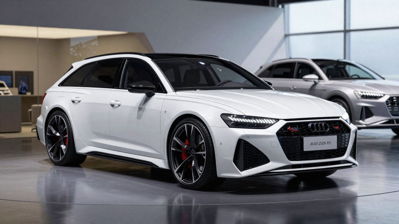 Voiture sportive Audi 2026 RS blanche en exposition dans un showroom moderne et lumineux.