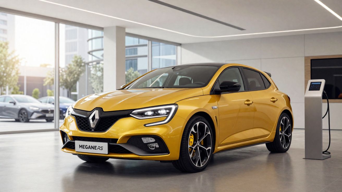 Voiture Renault Mégane RS jaune exposée en showroom moderne avec station de recharge électrique.