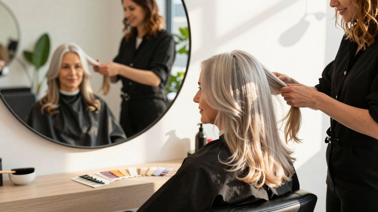 Coiffeuse coiffant une femme aux cheveux longs et argentés dans un salon avec un miroir rond.
