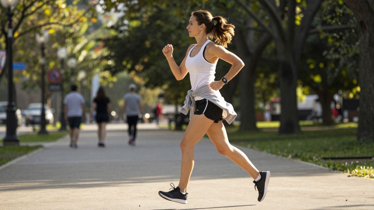 Jeune femme en tenue de sport courant dans un parc ensoleillé avec des arbres et d'autres personnes en arrière-plan.