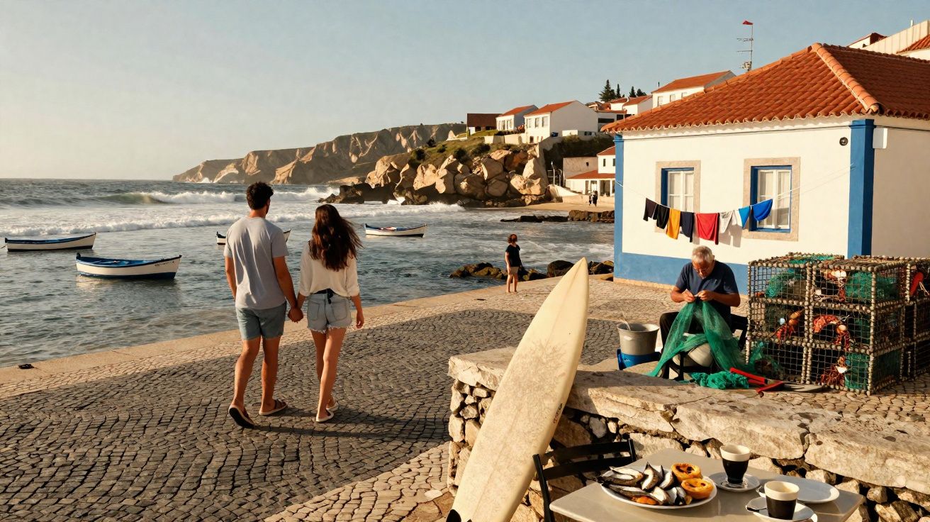 Couple marchant sur un quai en bord de mer avec pêcheur réparant un filet et bateaux amarrés.