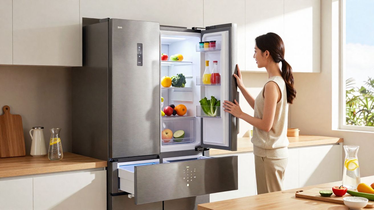 Femme ouvrant un réfrigérateur moderne en acier inoxydable rempli de fruits et légumes dans une cuisine lumineuse.