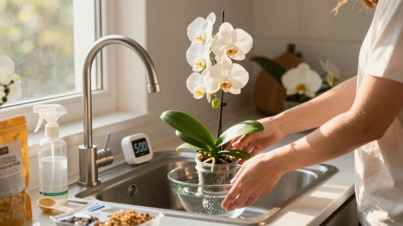 Une personne arrose une orchidée blanche dans un évier de cuisine lumineux près d'une fenêtre.