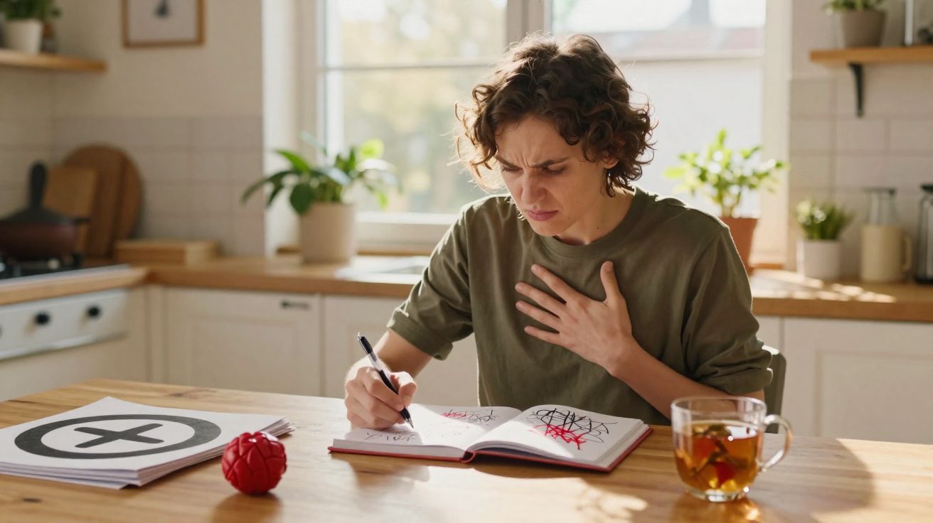 Femme assise à table, tenant sa poitrine et griffonnant nerveusement dans un carnet en cuisine lumineuse.