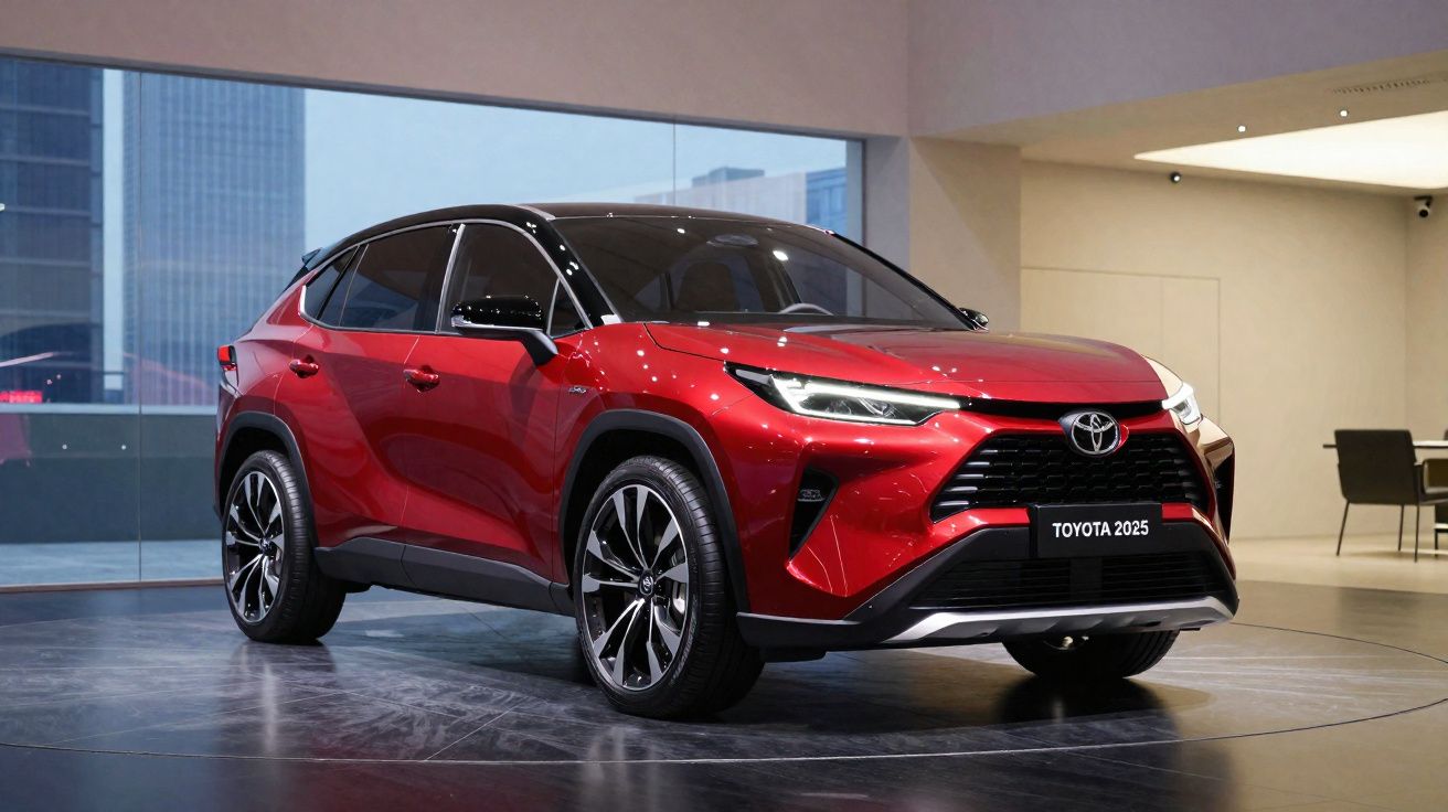 Véhicule Toyota 2025 rouge exposé en intérieur, avec design moderne et jantes noires stylées.