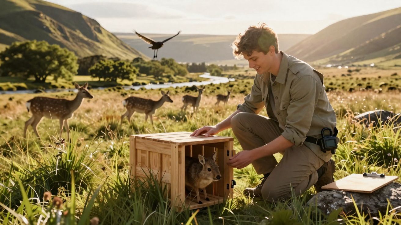 Jeune homme libérant un petit animal d'une cage en bois dans un paysage vallonné avec des cerfs en arrière-plan.