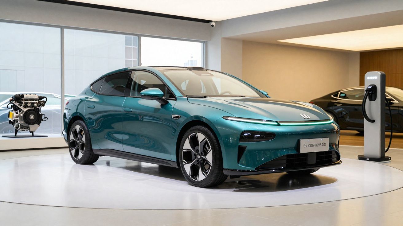 Voiture électrique verte exposée dans un showroom moderne avec borne de recharge à droite.