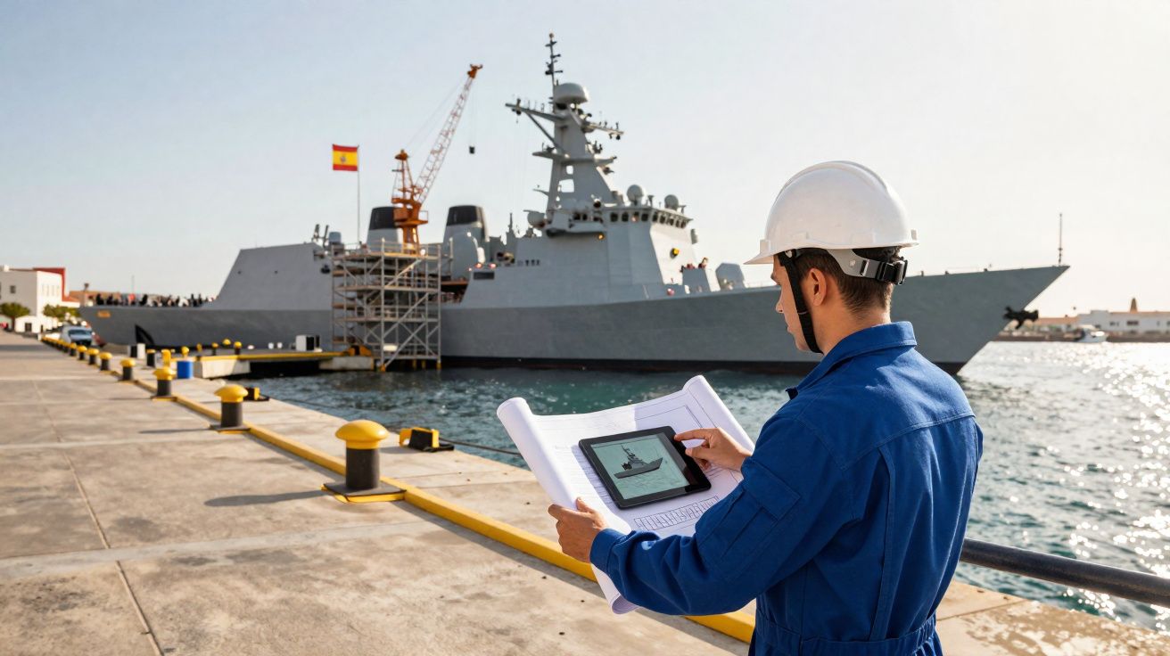Homme en casque blanc et combinaison bleue vérifiant des plans devant un navire militaire espagnol amarré au port.
