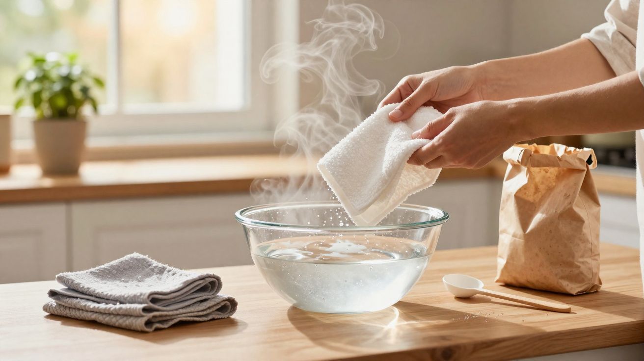 Des mains trempant un tissu blanc dans un bol en verre d'eau chaude fumante sur un plan de travail en bois.