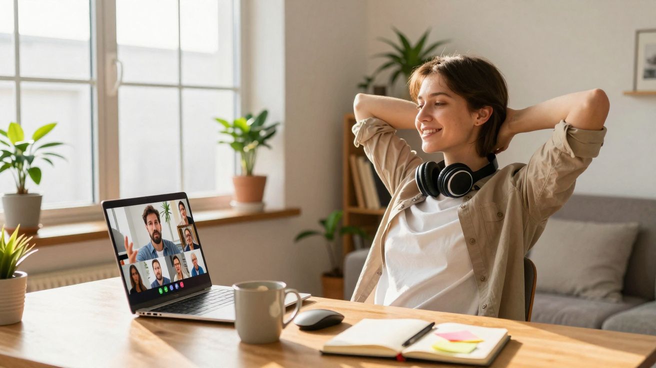 Jeune femme souriante se détendant après une visioconférence, avec casque autour du cou et ordinateur portable ouvert.