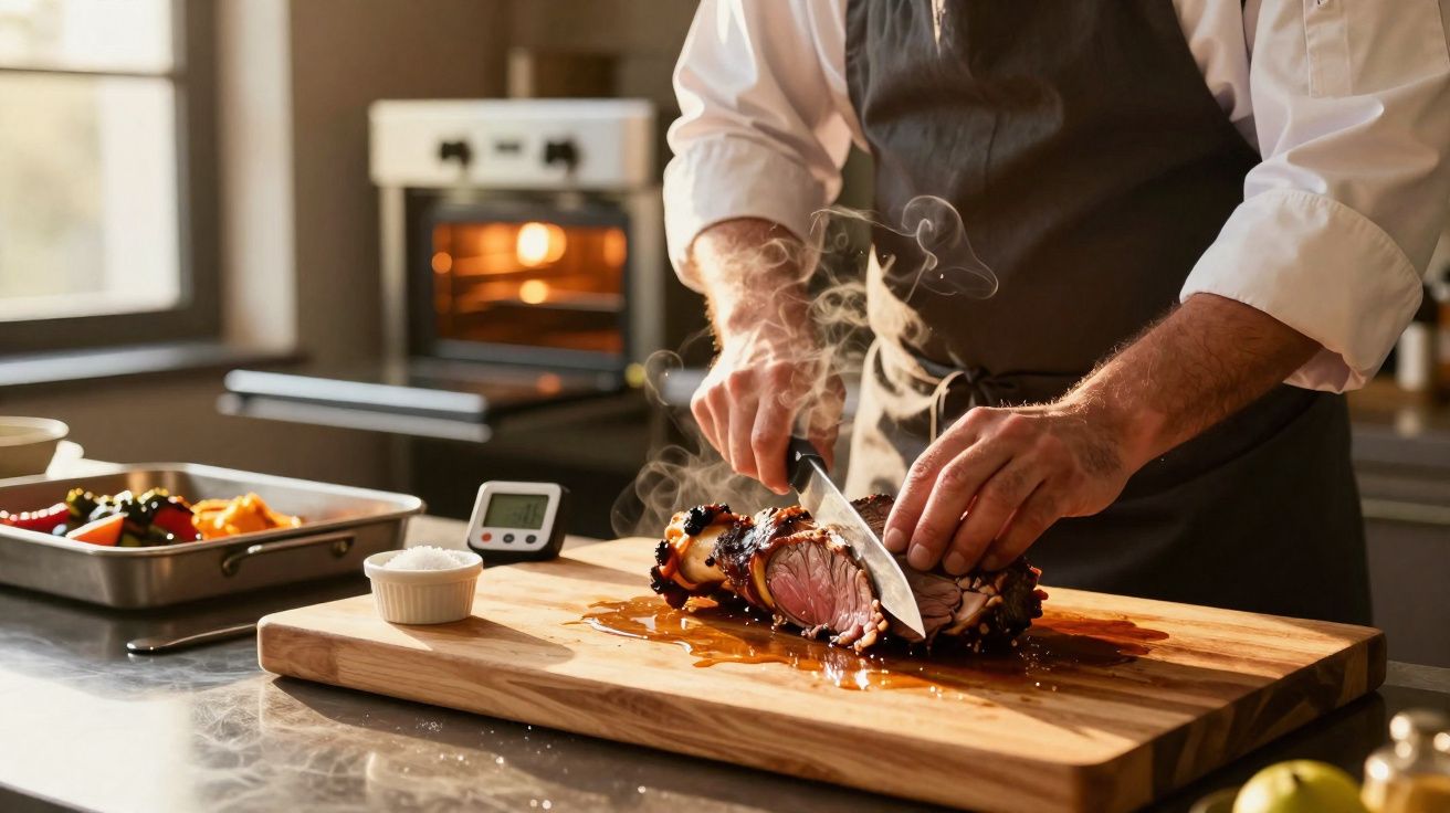 Chef en tablier découpe un rôti fumant sur une planche en bois dans une cuisine lumineuse.