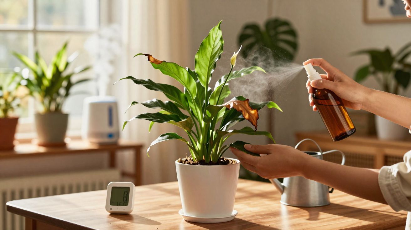 Personne pulvérisant une plante en pot avec un spray dans une pièce lumineuse et décorée.