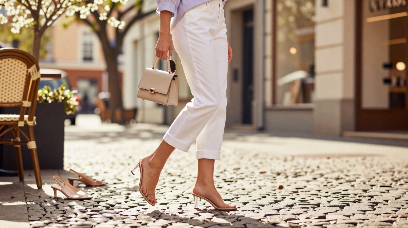 Femme en pantalon blanc marchant pieds nus sur un pavé, talons à côté, tenant un sac à main beige.