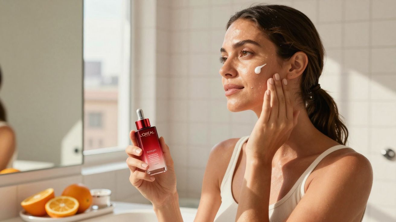 Femme appliquant un sérum de beauté sur son visage dans une salle de bain lumineuse.