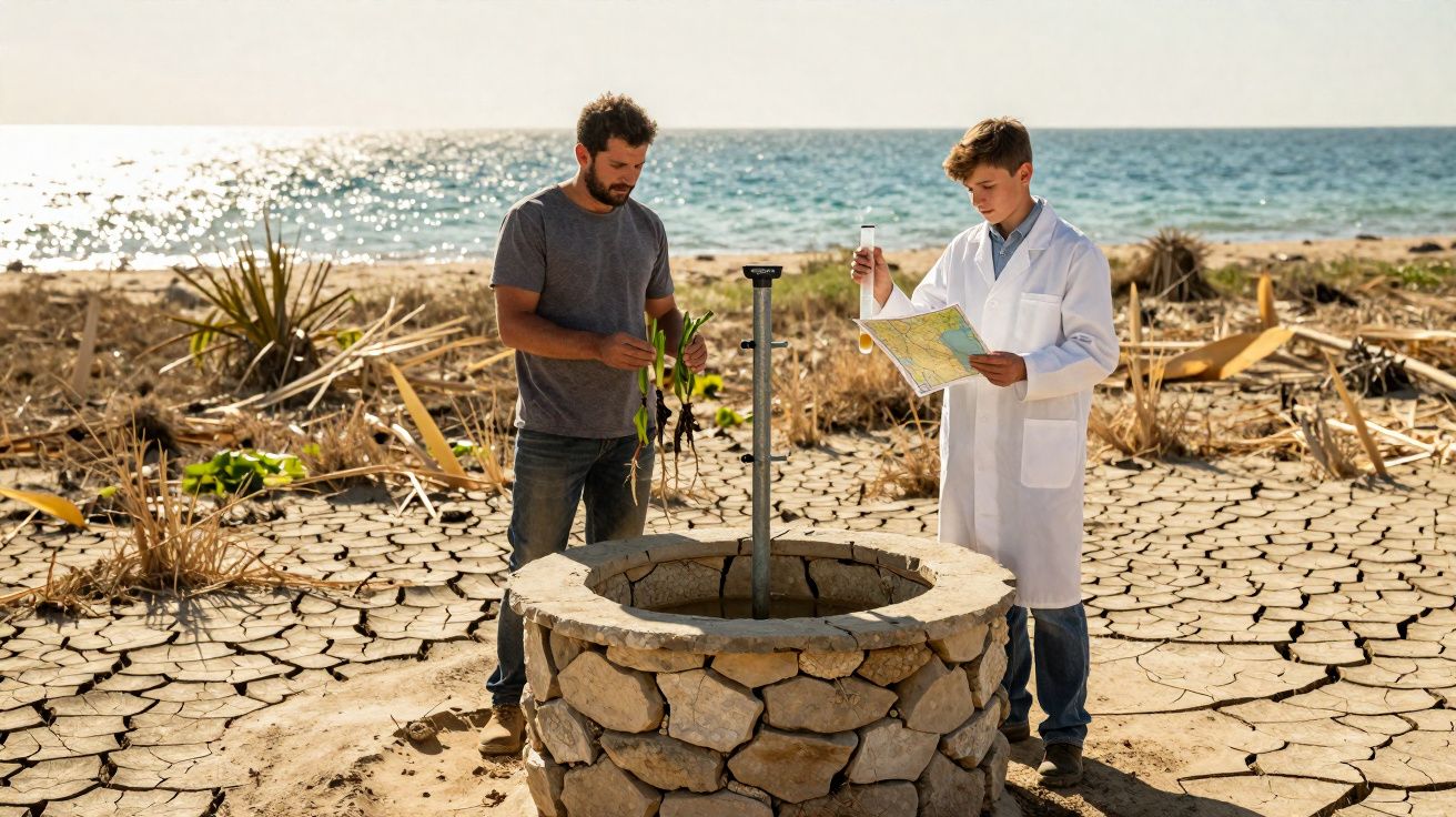 Deux hommes examinent l'eau d'un puits dans un paysage sec et craquelé près de la mer.