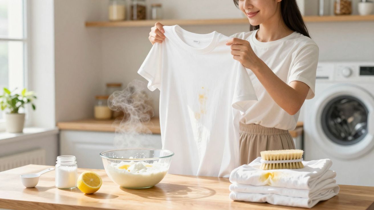 Femme tenant un t-shirt blanc taché, préparant un détachant naturel à base de citron dans une cuisine lumineuse.