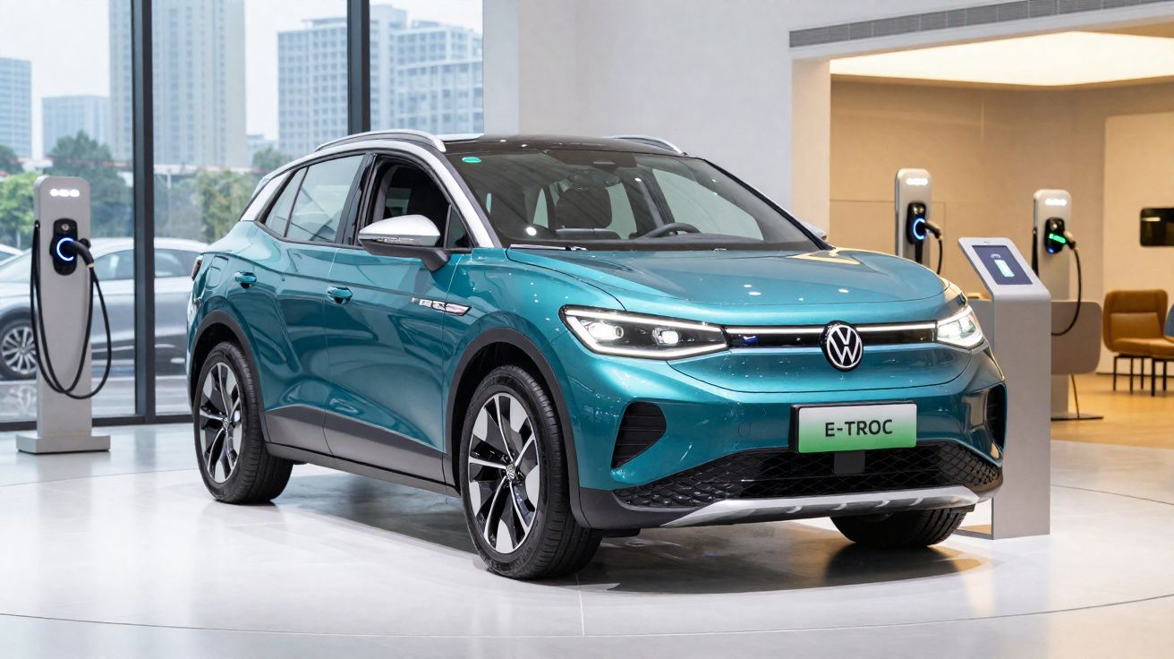 Voiture électrique Volkswagen E-TROC bleu exposée en showroom avec bornes de recharge visibles.