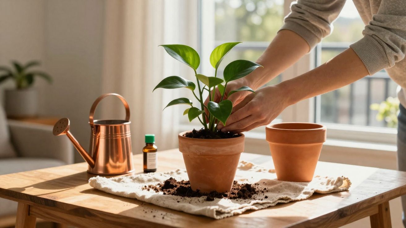 Une personne rempote une plante verte dans un pot en terre cuite sur une table en bois.
