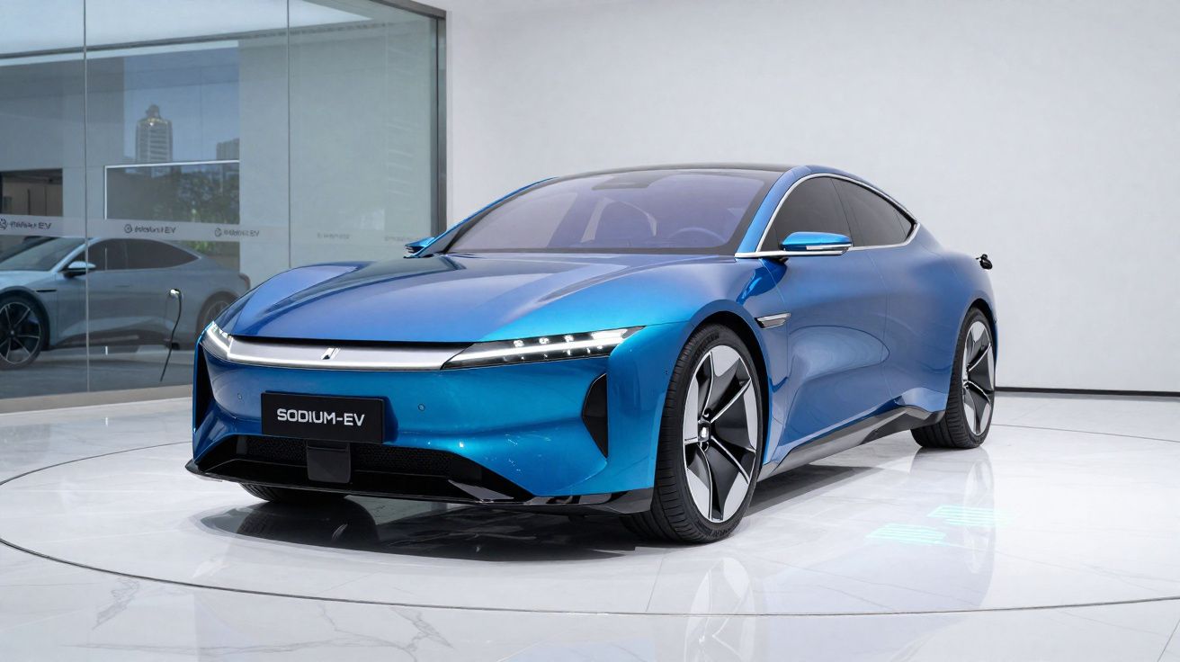 Voiture électrique sportive bleue SODIUM-EV exposée en intérieur sur un sol blanc lisse.