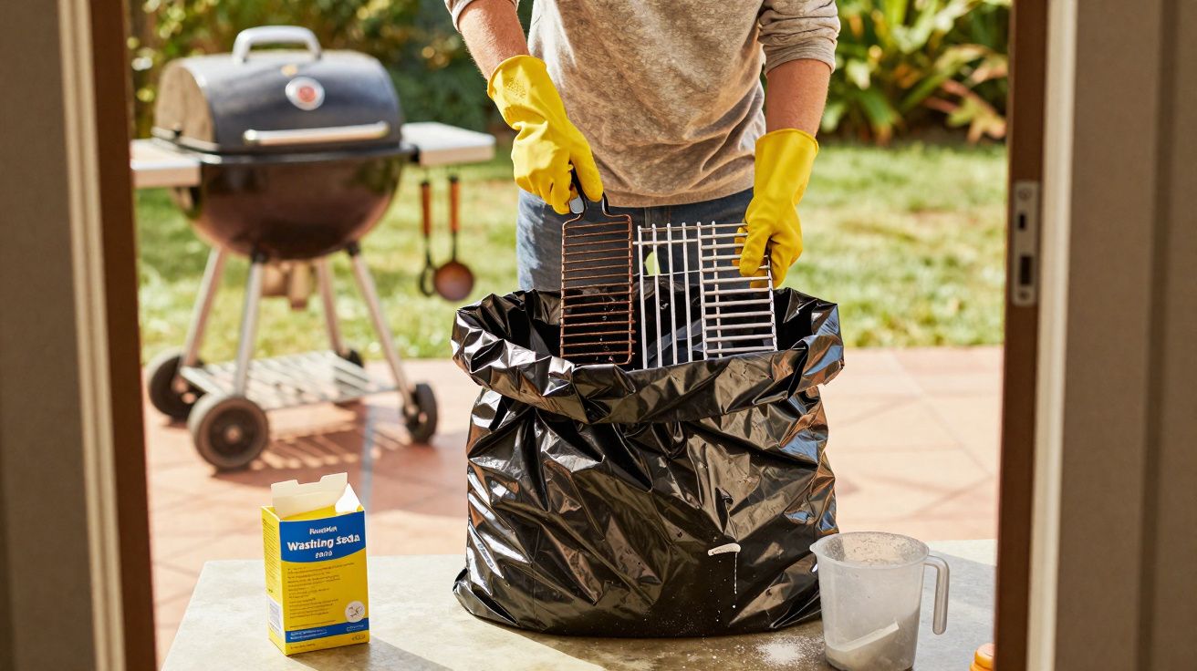 Personne avec gants jaunes nettoyant grille de barbecue près d’un sac poubelle noir et bicarbonate sur table.