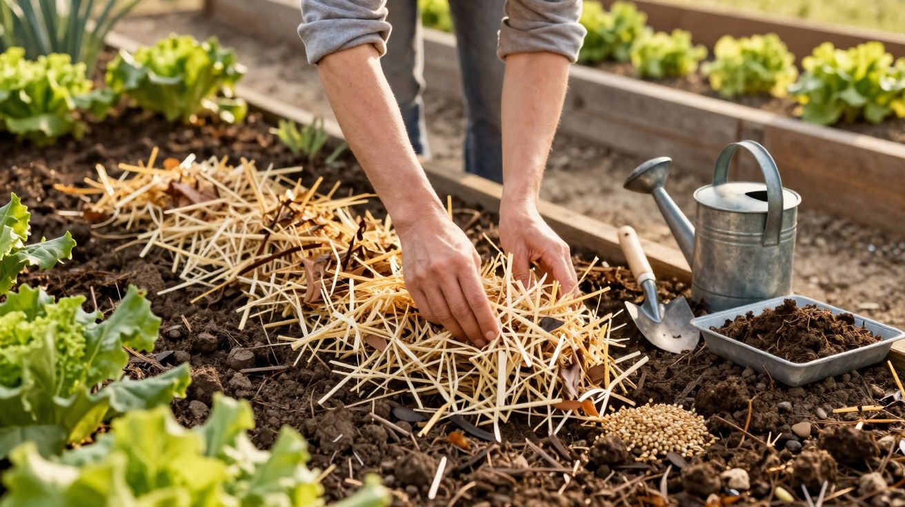 Mains d'une personne posant de la paille sur un carré potager avec outils et plants de salade.