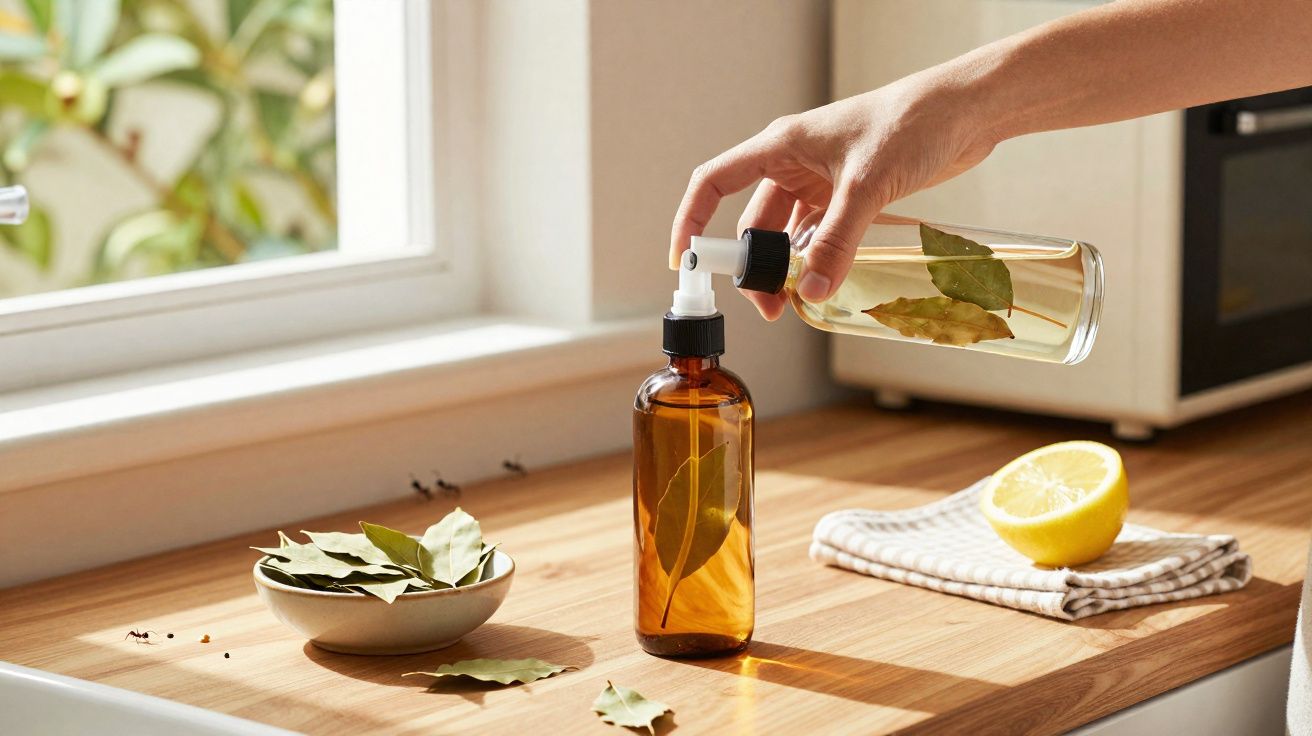 Main versant un liquide aromatisé aux feuilles de laurier dans un flacon sur un plan de travail en bois.