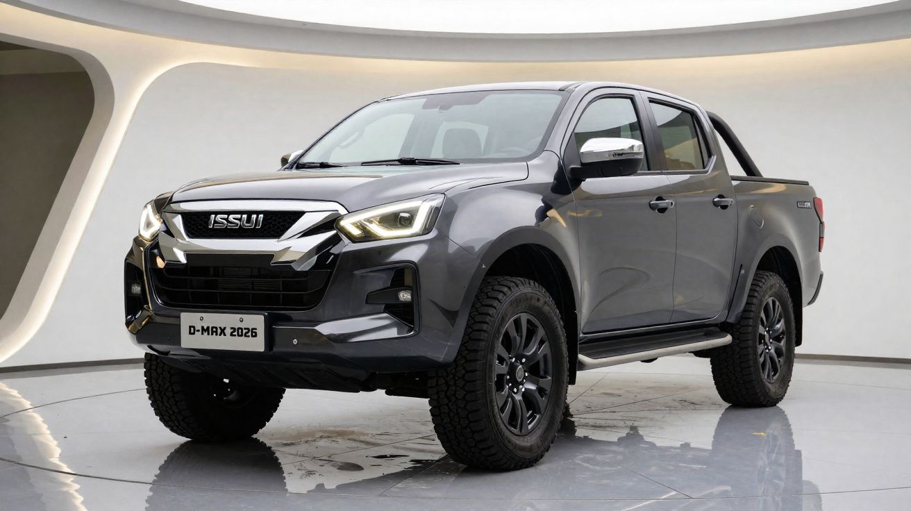 Pick-up gris métallisé ISSUI D-Max 2026 avec cabines quatre portes dans un showroom moderne.