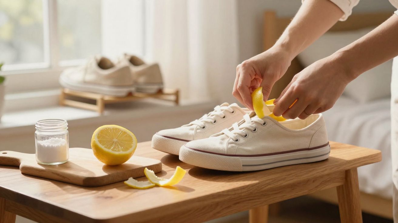 Une personne insère des zestes de citron dans des baskets blanches sur une table en bois.
