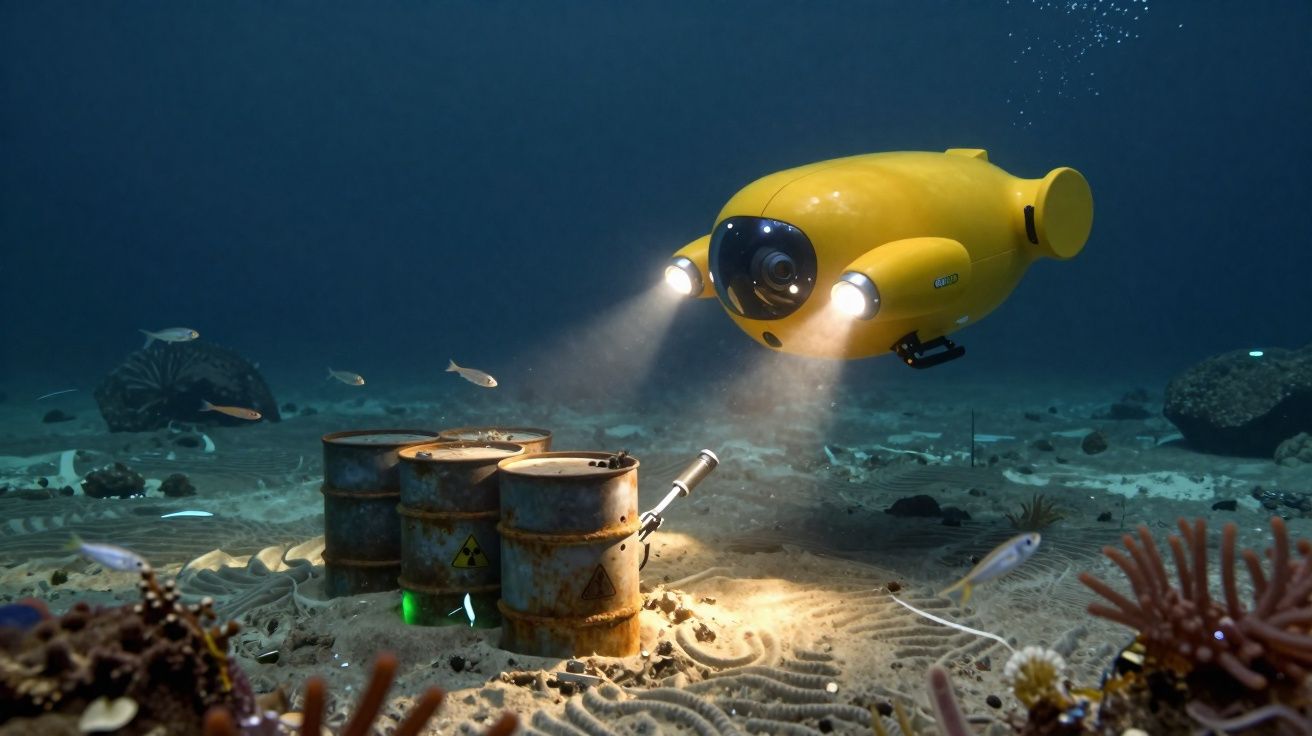 Sous-marin jaune explorant des barils radioactifs rouillés au fond de l'océan, entouré de poissons et de coraux.