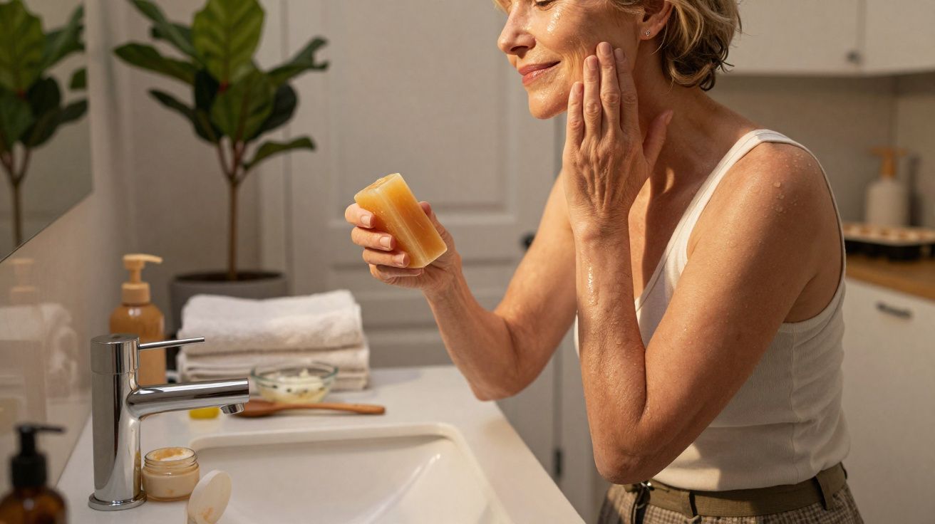 Femme mûre appliquant un savon solide sur son visage dans une salle de bain lumineuse.