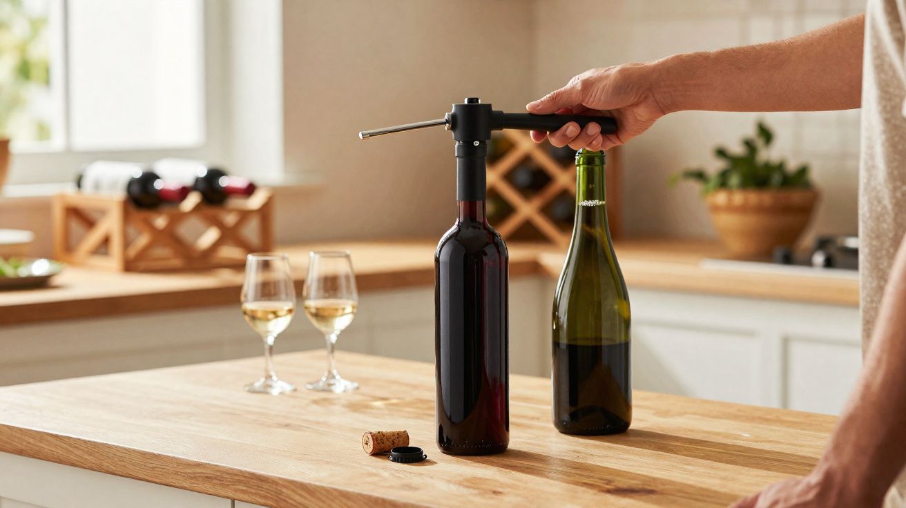 Main utilisant un tire-bouchon pour ouvrir une bouteille de vin rouge sur un plan de travail en bois.