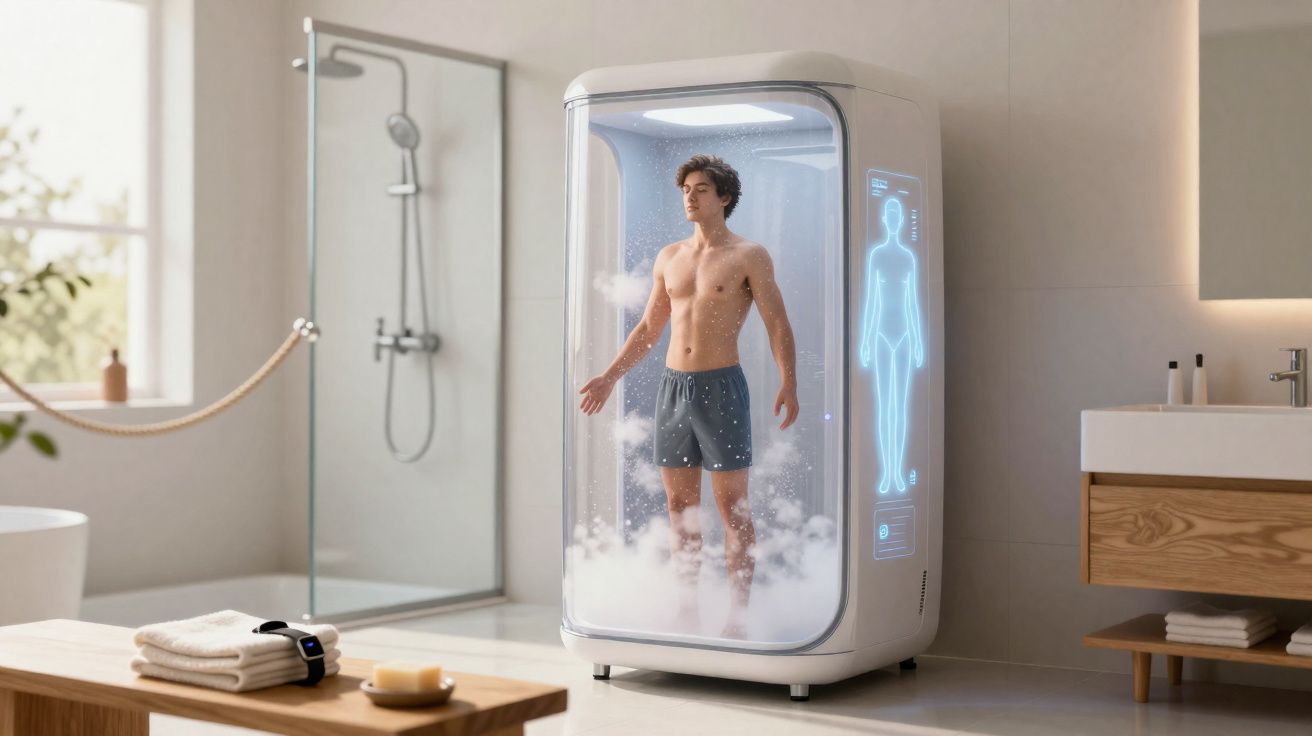 Homme en sous-vêtements dans une cabine futuriste produisant de la vapeur blanche dans une salle de bain moderne.