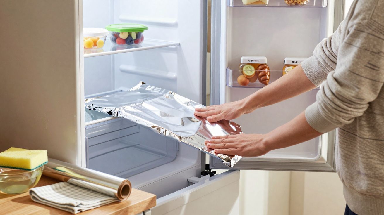 Une personne place une feuille d’aluminium dans un réfrigérateur ouvert, avec divers aliments visibles.