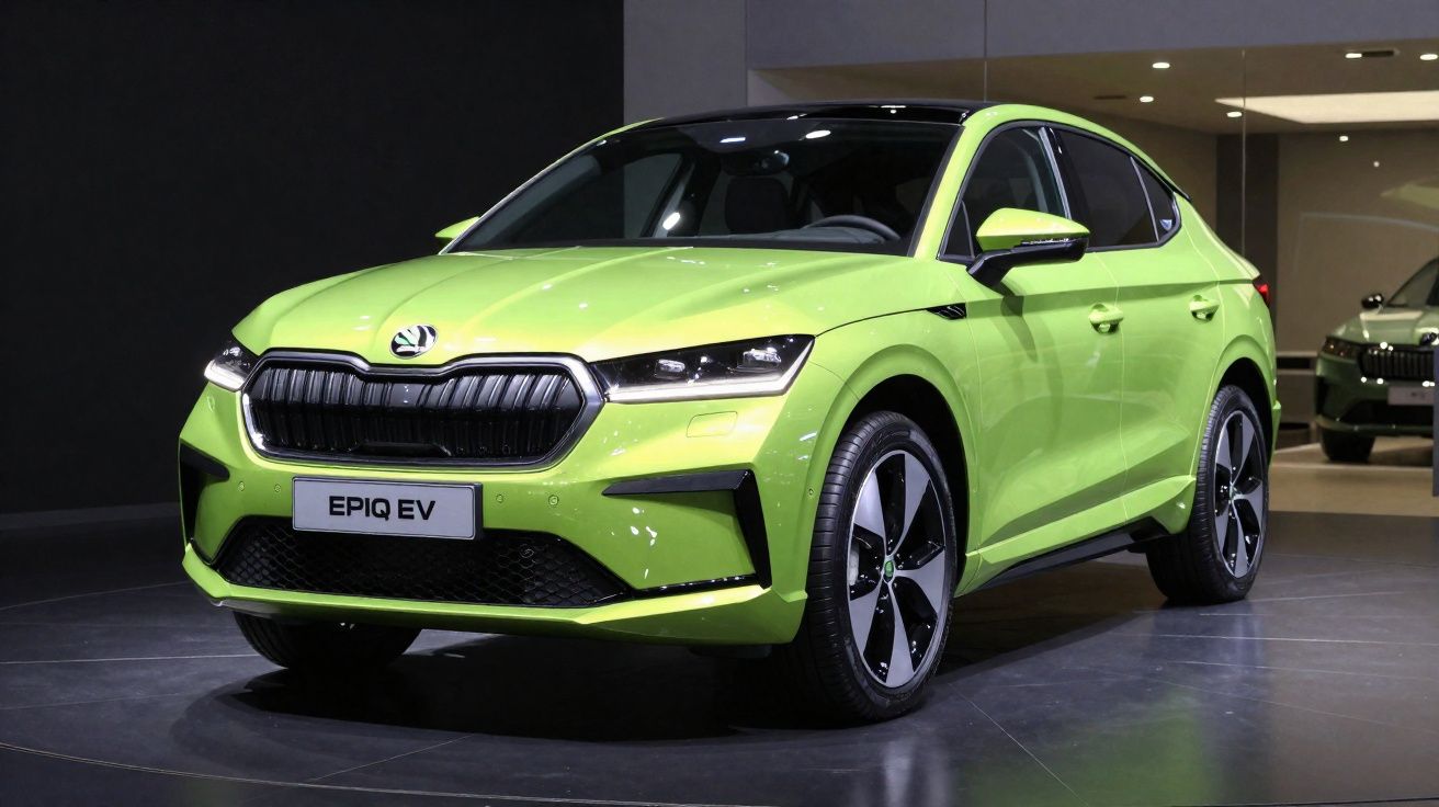 Voiture électrique Škoda Epiq EV verte en exposition sur sol noir et fond sombre.
