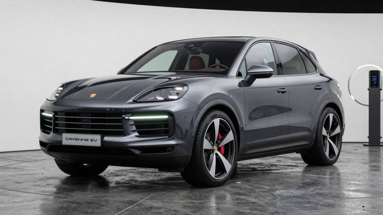 Porsche Cayenne EV gris garée dans un intérieur avec borne de recharge électrique à droite.
