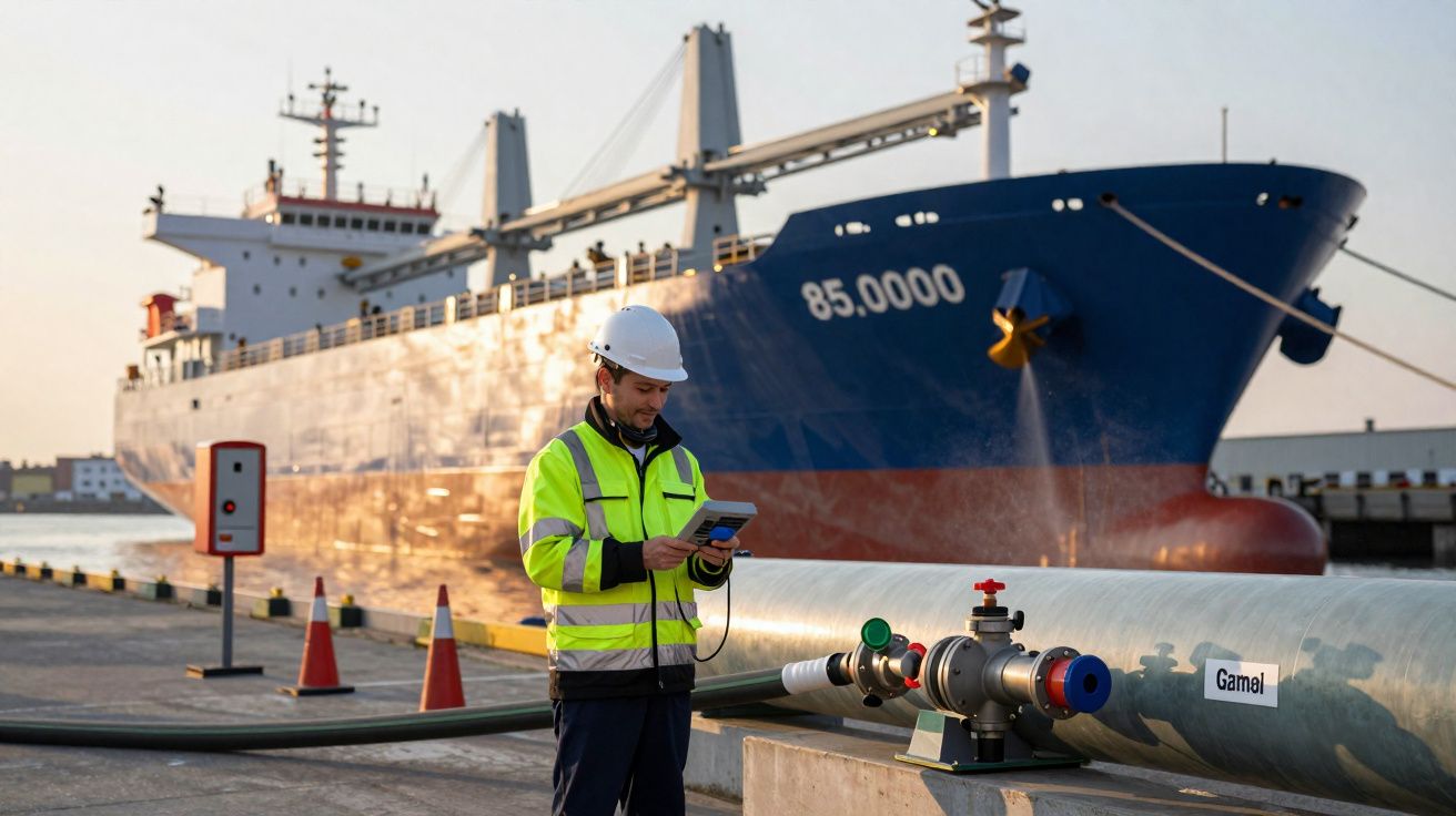 Travailleur en gilet fluorescent contrôle un appareil près d’un tuyau et d’un cargo dans un port au coucher du soleil.