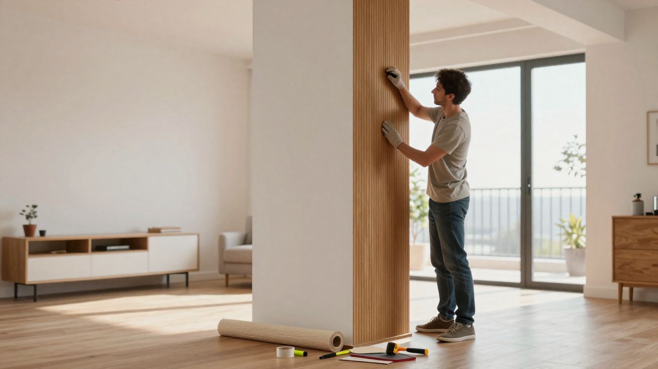Homme posant un panneau en bois sur un mur blanc dans un salon lumineux et minimaliste.