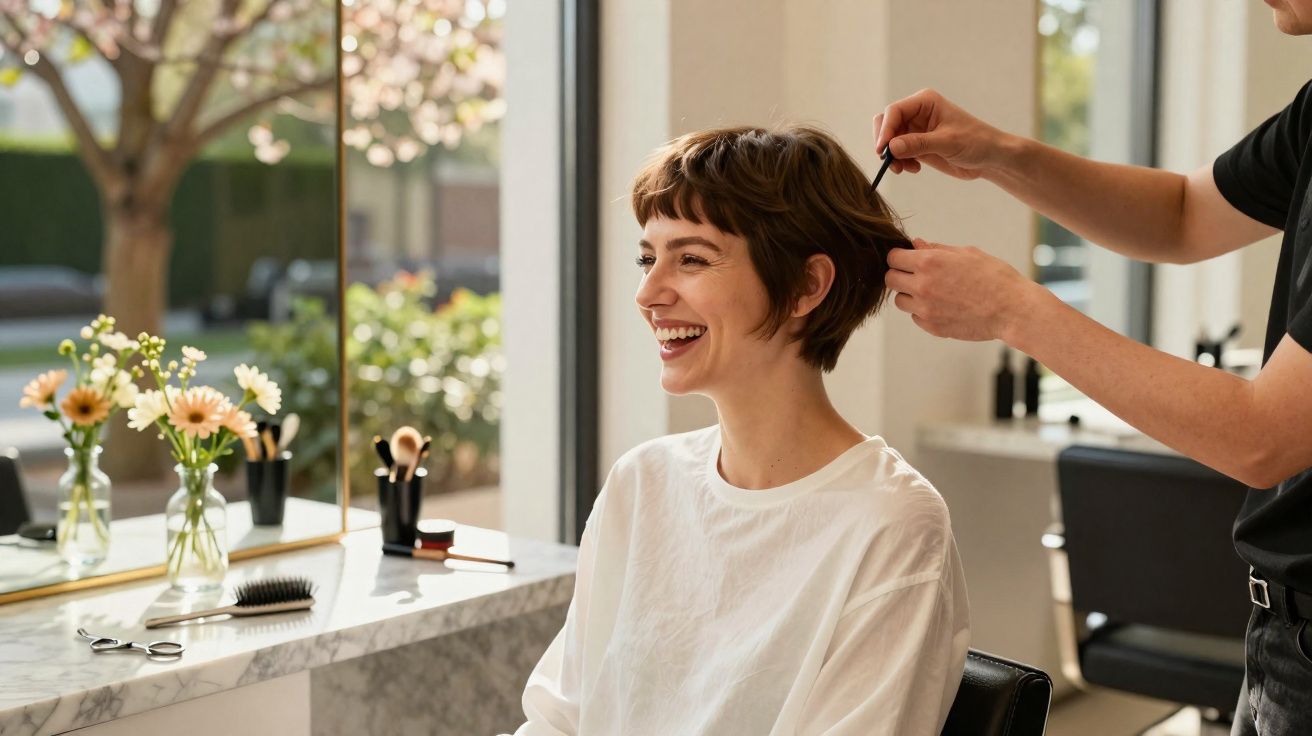 Une femme souriante assise dans un salon de coiffure pendant que le coiffeur arrange ses cheveux courts.