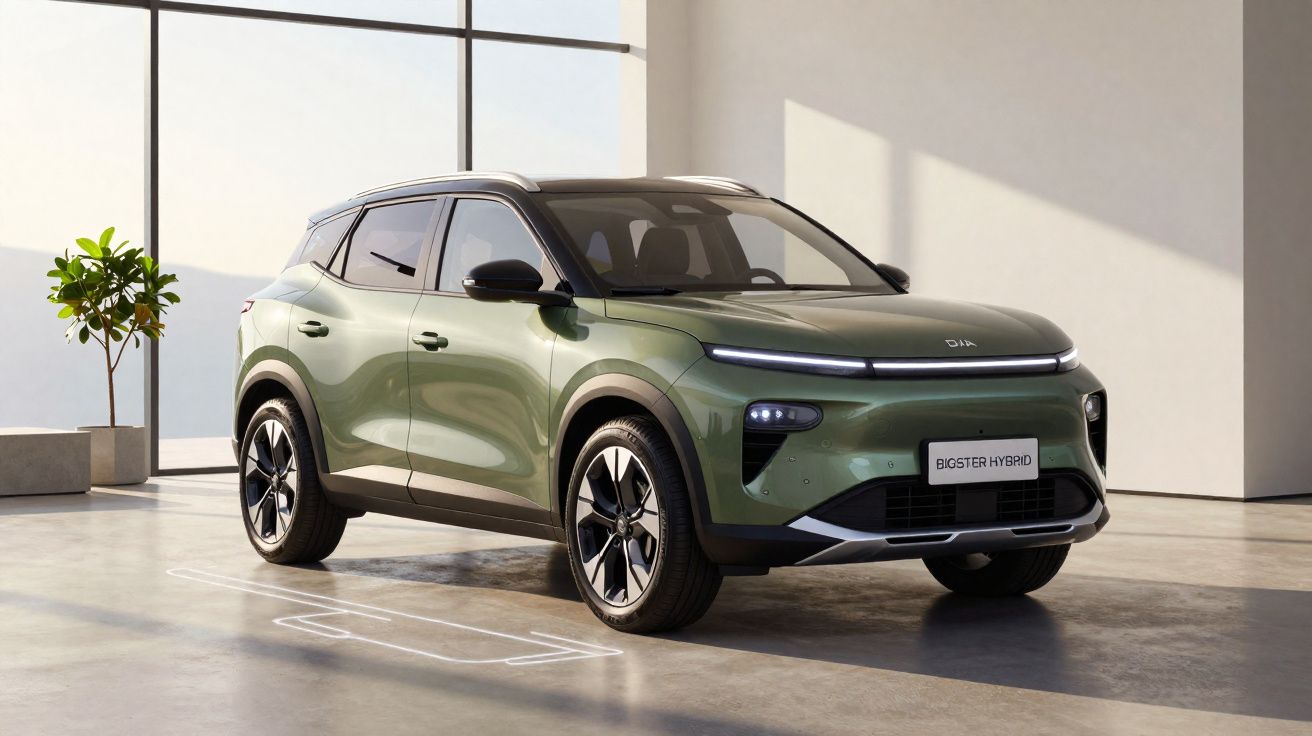 SUV vert hybride Dacia Bigster garé dans un intérieur moderne avec lumière naturelle et plante verte.