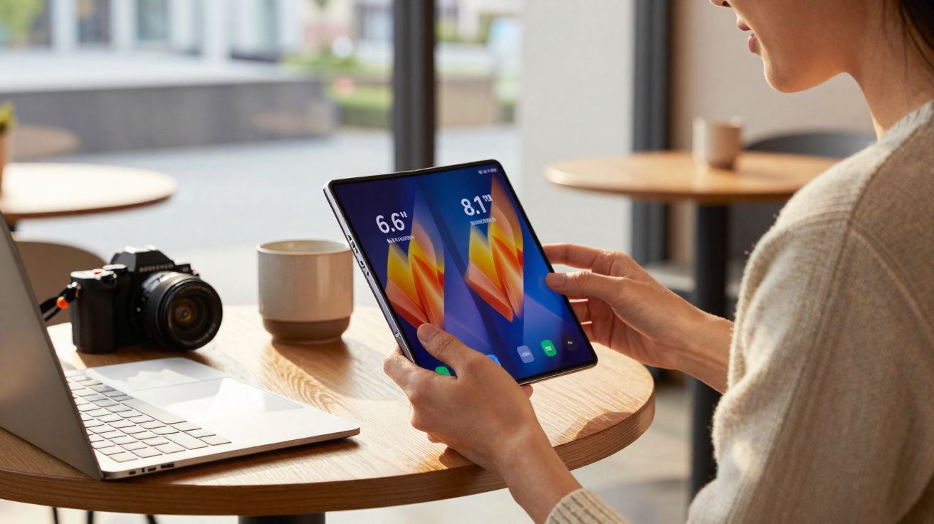 Personne tenant une tablette pliable devant un ordinateur portable et un appareil photo sur une table en bois.