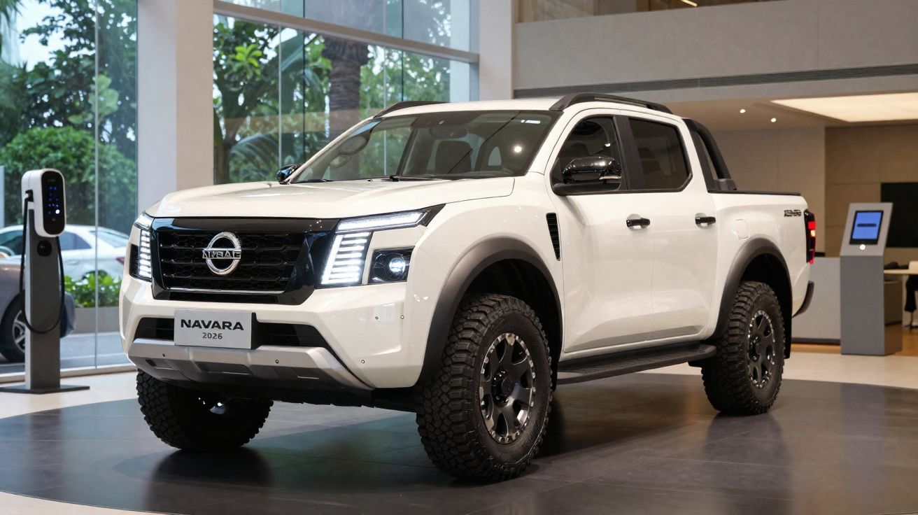 Pick-up Nissan Navara blanc 2026 exposé en showroom moderne avec larges pneus tout-terrain.