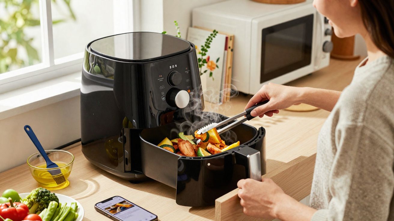 Personne utilisant une friteuse à air noire pour cuisiner des légumes et du poulet dans une cuisine lumineuse.