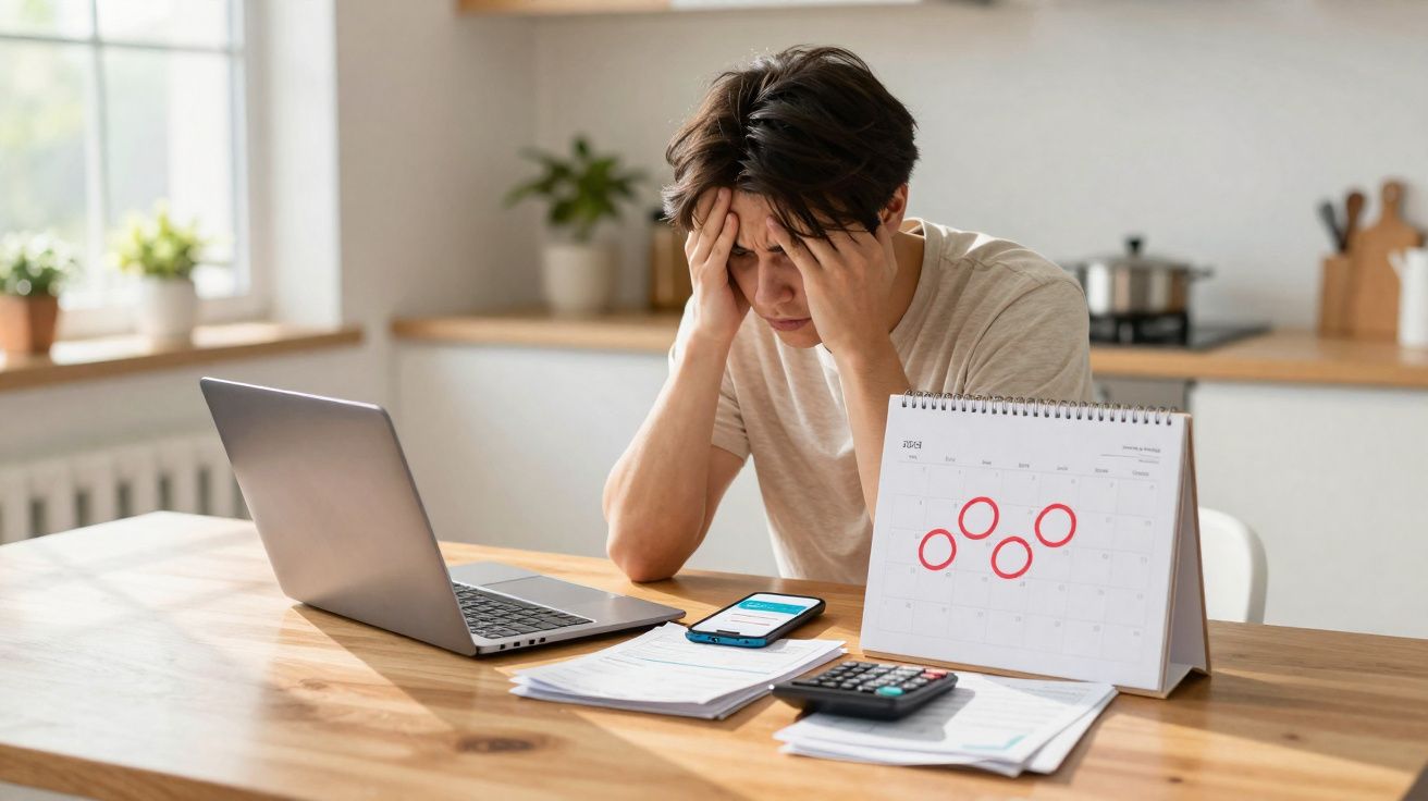 Jeune homme stressé, assis à une table avec ordinateur, téléphone, calculatrice et calendrier marqué.