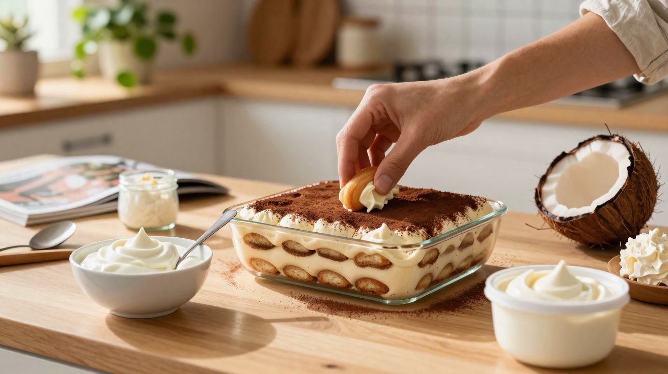Main prenant un biscuit dans un tiramisu maison posé sur un plan de travail en bois.
