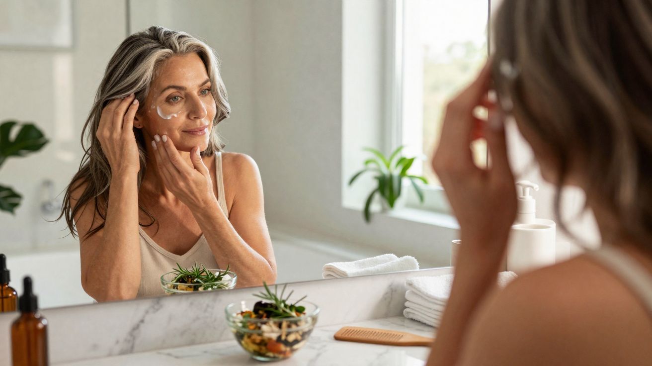 Femme mûre appliquant une crème visage devant un miroir dans une salle de bain lumineuse.