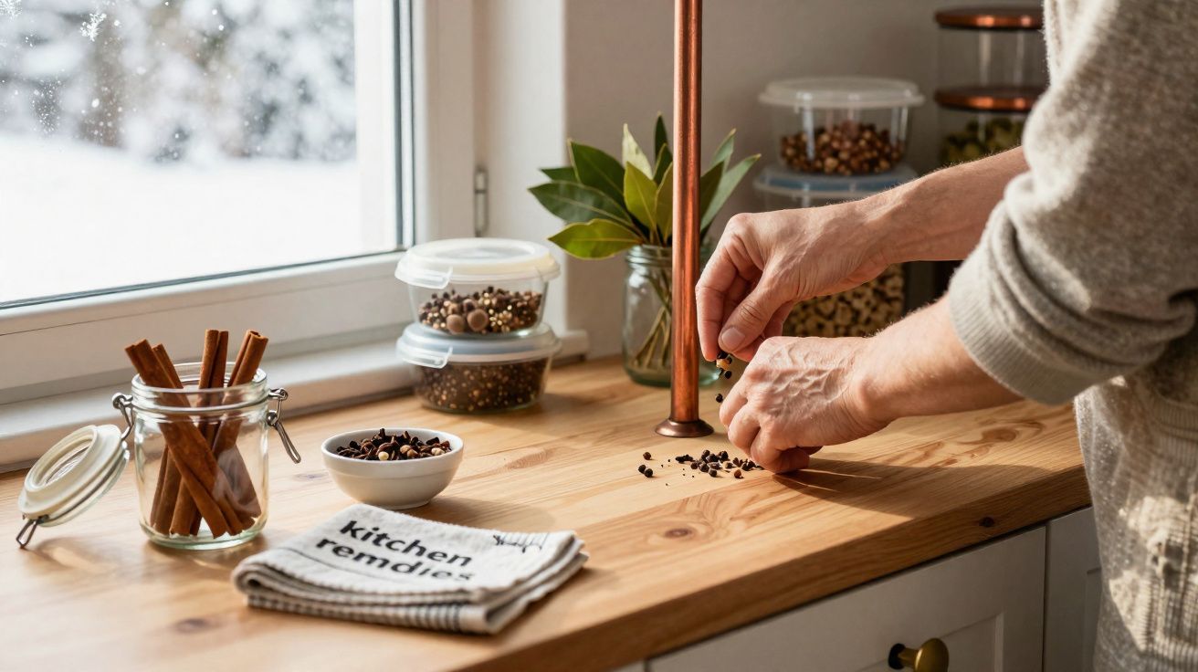 Mains égrainant des épices sur un plan de travail en bois, avec pots d'épices et torchon "kitchen remedies".