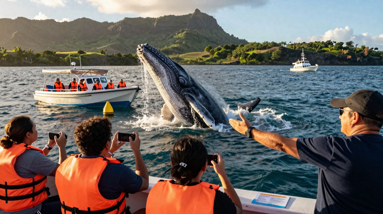 Quatre personnes en gilets de sauvetage observent et photographient une baleine à bosse émergente en mer près d'une île.