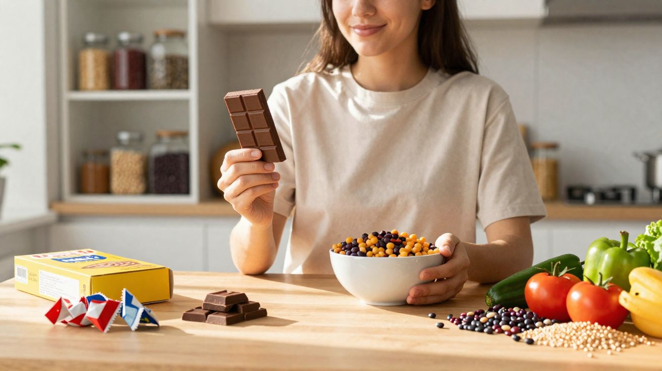 Femme tenant une tablette de chocolat et un bol de céréales dans une cuisine lumineuse avec légumes sur la table.